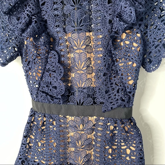 Self Portrait blue navy ruffle guipure mini cocktail dress size 2 - Picture 7 of 14